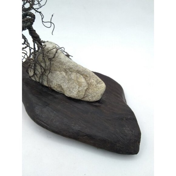 Handmade brutalist abstract modernist Metal Bonsai tree on rock & wood Artwork - Picture 6 of 11